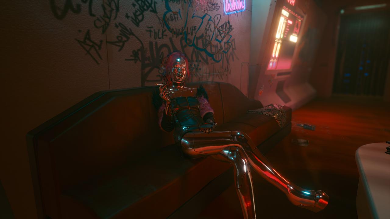 A heavily augmented character in Night City, Cyberpunk 2077 screenshot