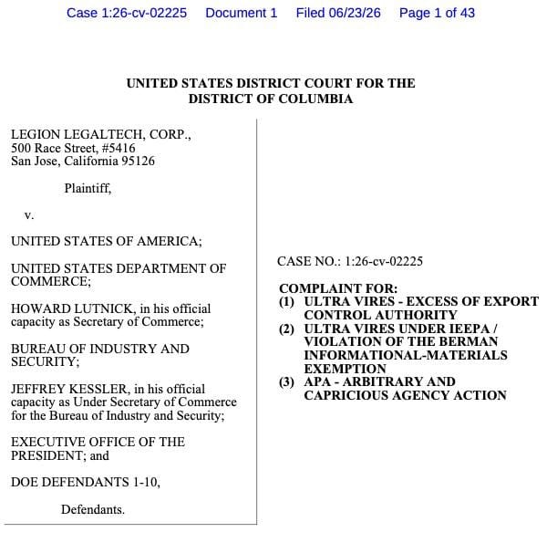 First page of Legion LegalTech’s complaint listing its three causes of action.