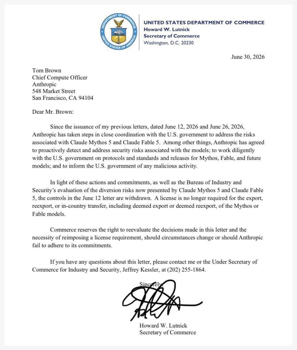 June 30, 2026 Commerce Department letter to Anthropic withdrawing controls on Claude Fable 5 and Claude Mythos 5