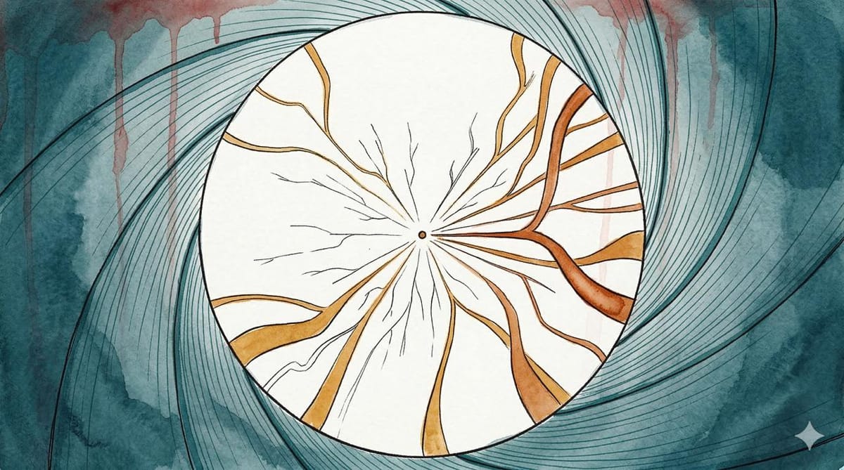 Watercolor illustration of a gun barrel view with branching timeline paths radiating from the center, rendered in teal ink with amber branches and red watercolor drips