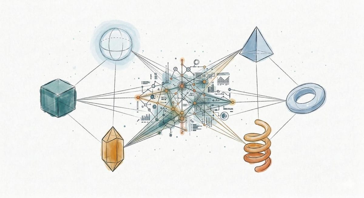 Six geometric shapes connected by lines converging on a central data cluster — watercolor illustration