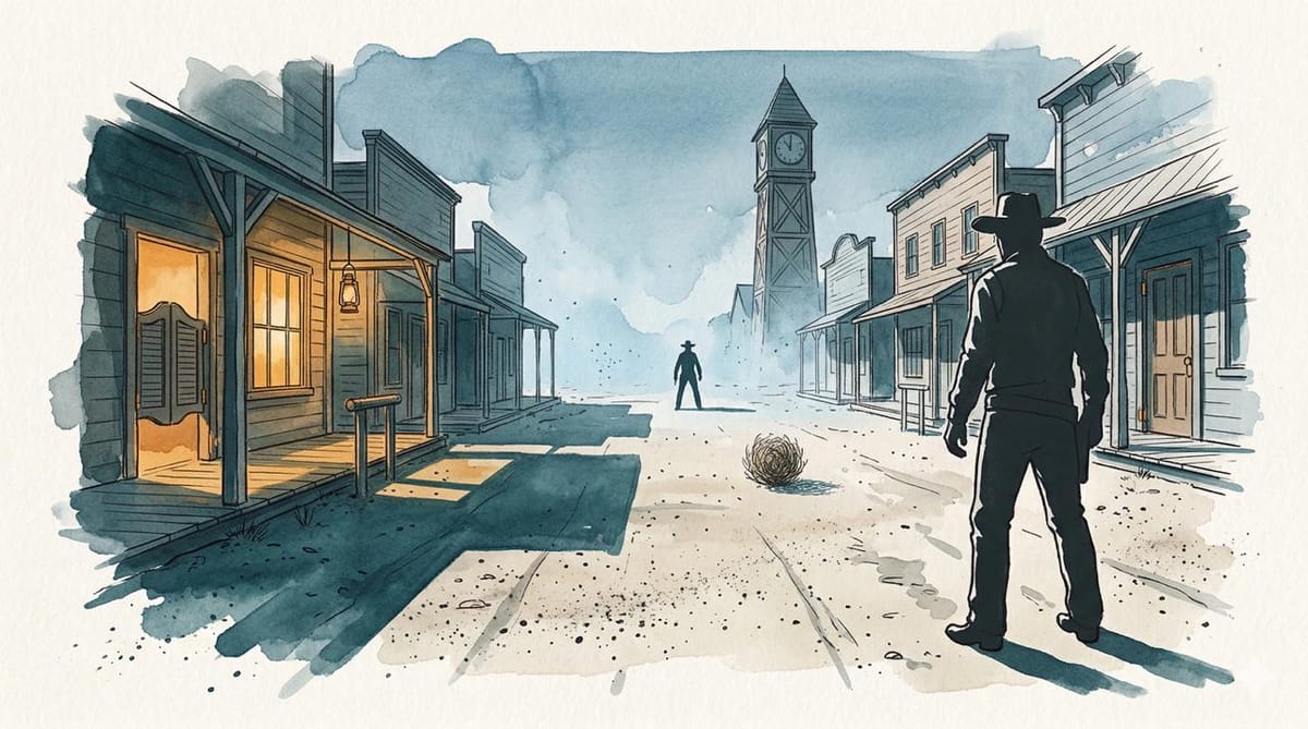 Watercolor illustration of a western standoff on a dusty town street