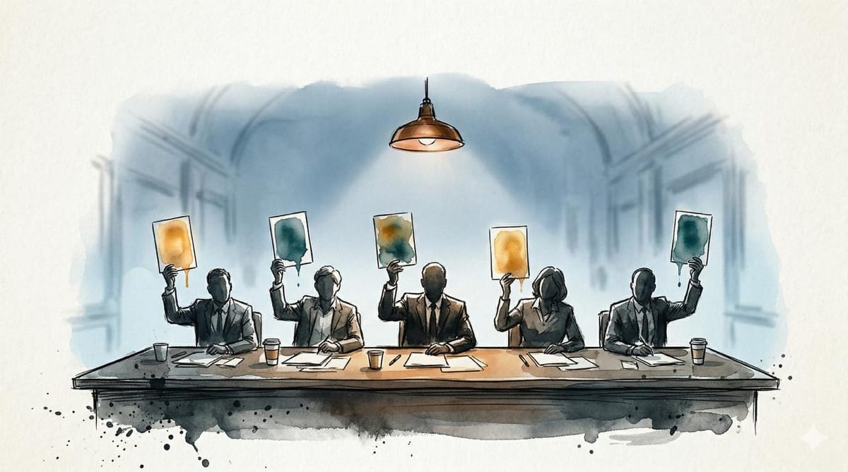 Watercolor illustration of five silhouetted judges holding up scorecard cards with abstract teal and amber washes