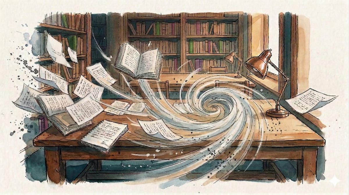 Watercolor illustration of a library table with papers and index cards being pulled into a vortex while books on shelves remain undisturbed