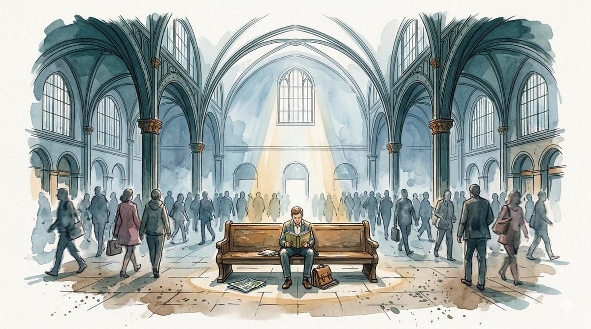 Watercolor illustration of a lone reader on a bench in a grand train station, bathed in a shaft of amber light while blurred commuters stream past