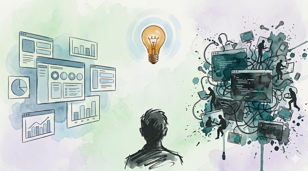 Watercolor: person facing BI dashboards on left, lightbulb gap center, chaotic agent terminals on right