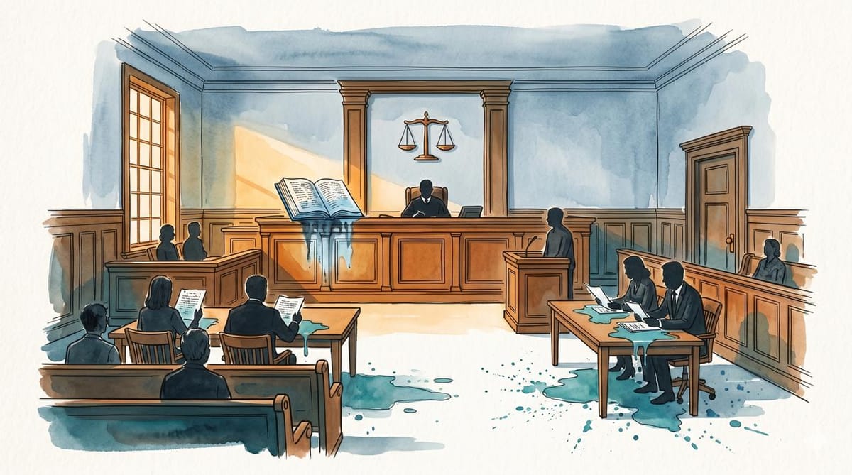 Watercolor courtroom where legal documents dissolve into teal washes