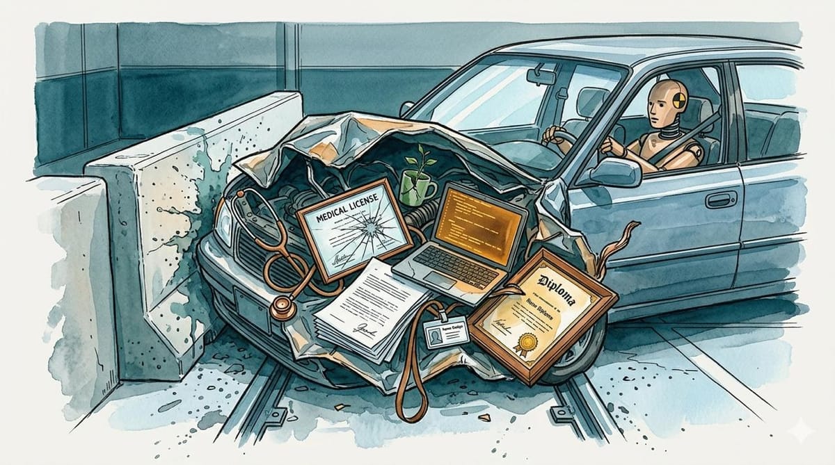 Watercolor illustration of a crash test car with career items — stethoscope, diploma, laptop, medical license — crushed in the crumple zone while the crash test dummy sits unharmed