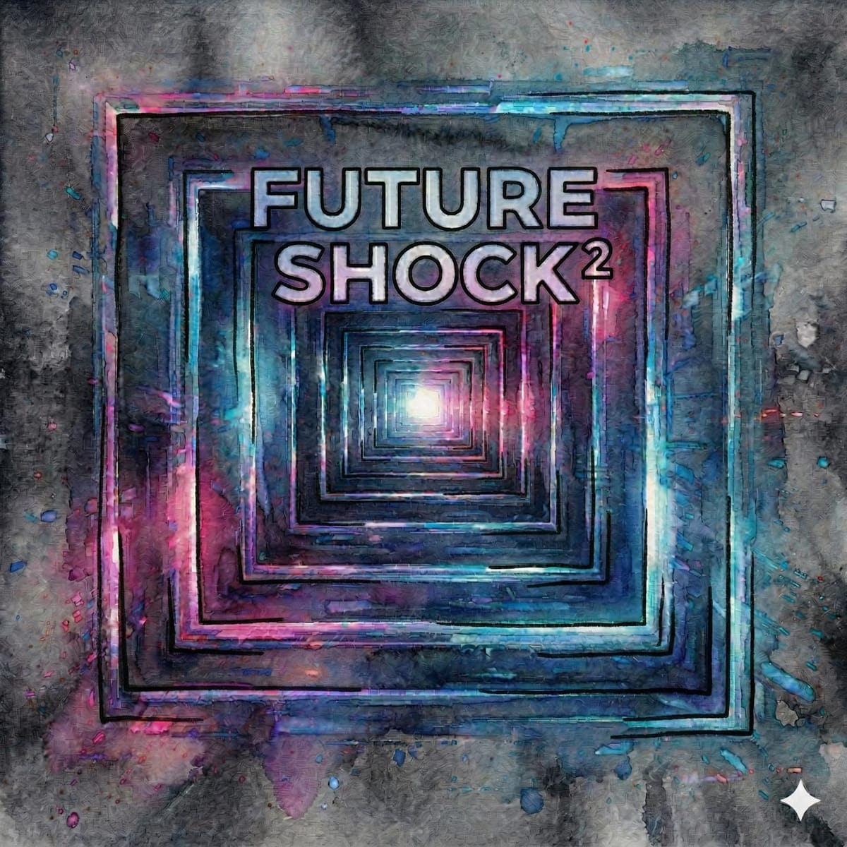Future Shock Squared - watercolor concentric squares tunnel in neon cyan and magenta
