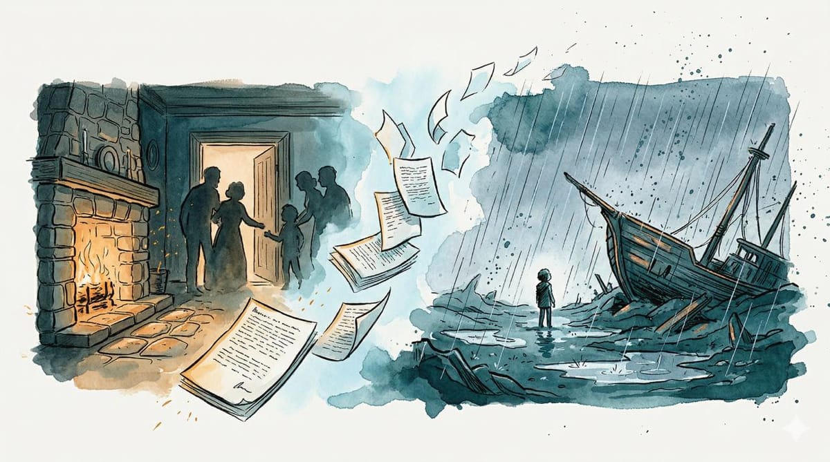 Split watercolor illustration: warm hearth with welcoming figures on the left, lone figure in rain beside wreckage on the right, with pages drifting between the two scenes