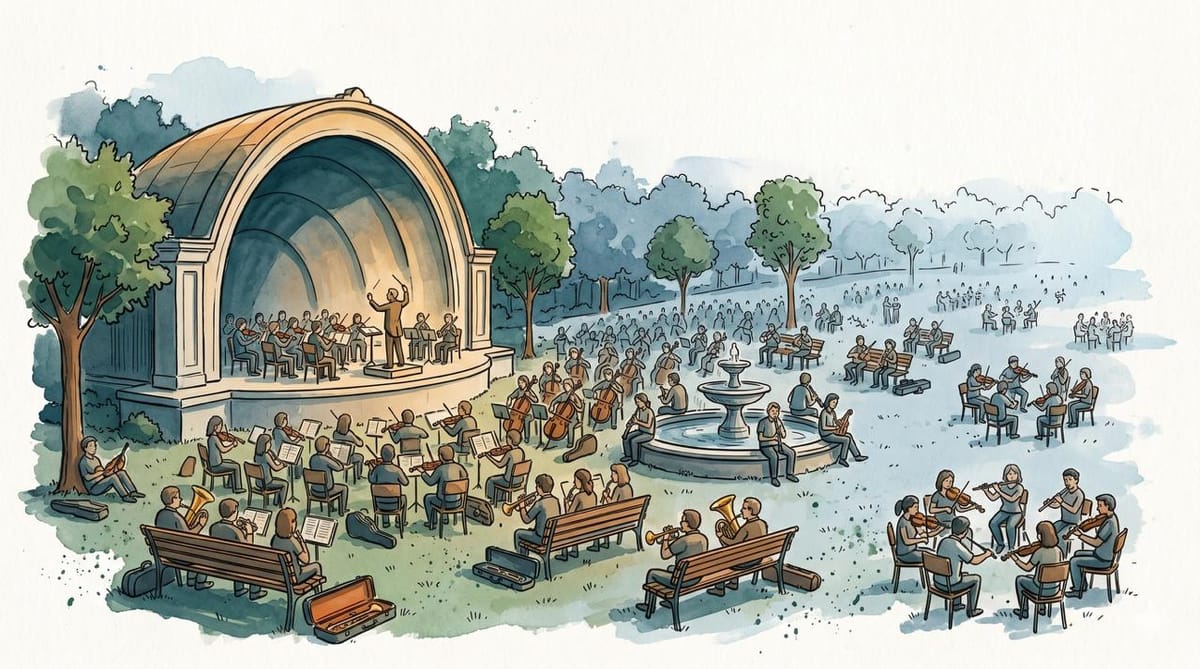 Watercolor illustration of a park bandshell where a conductor leads a small ensemble, but musicians have spilled across the park in breakaway clusters