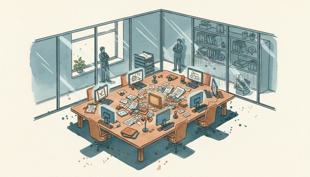 Watercolor illustration of five AI workstations around a conference table. Handoff papers cover the desk, with bookshelves behind glass.