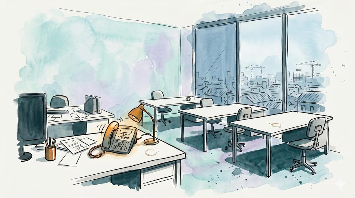 Watercolor office scene with empty desks, a ringing desk phone, amber lamp, and a pale city skyline through tall windows.