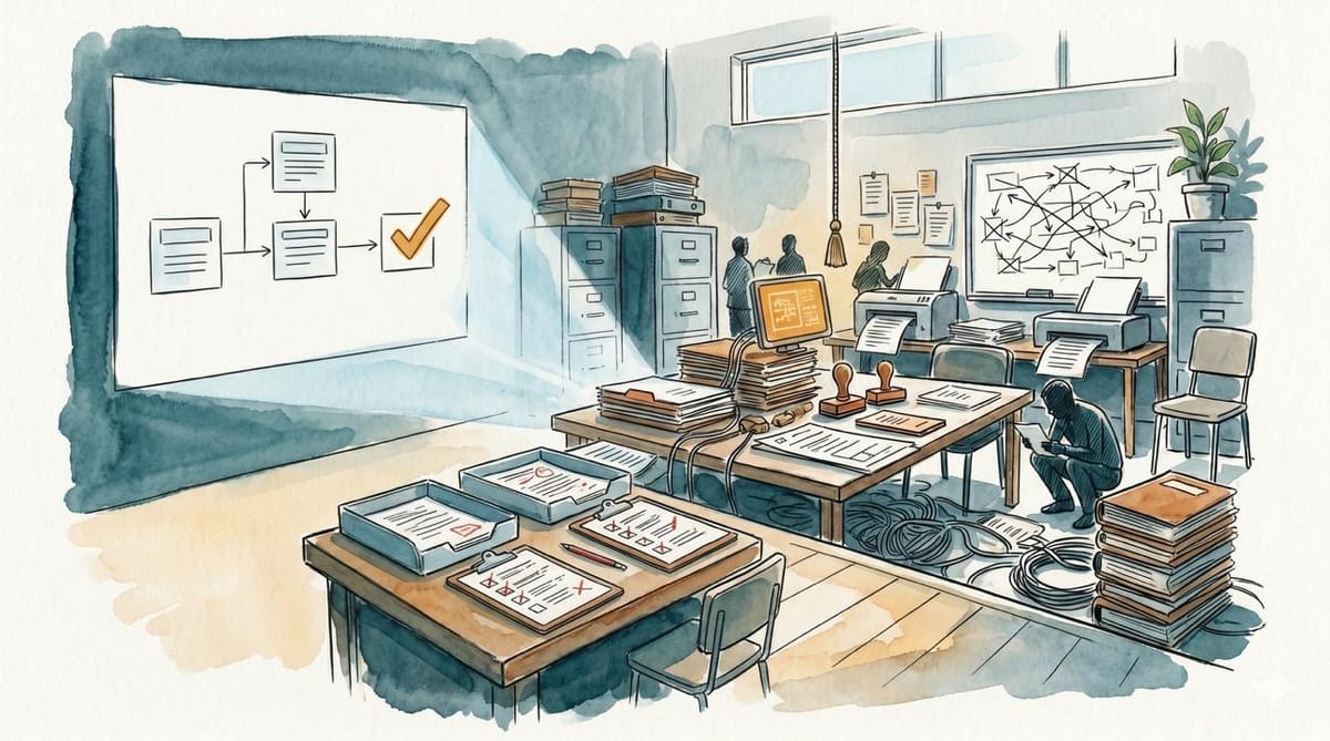 Watercolor illustration of an AI workflow demo becoming a larger review room with papers, checklists, stamps, cables, and human reviewers.