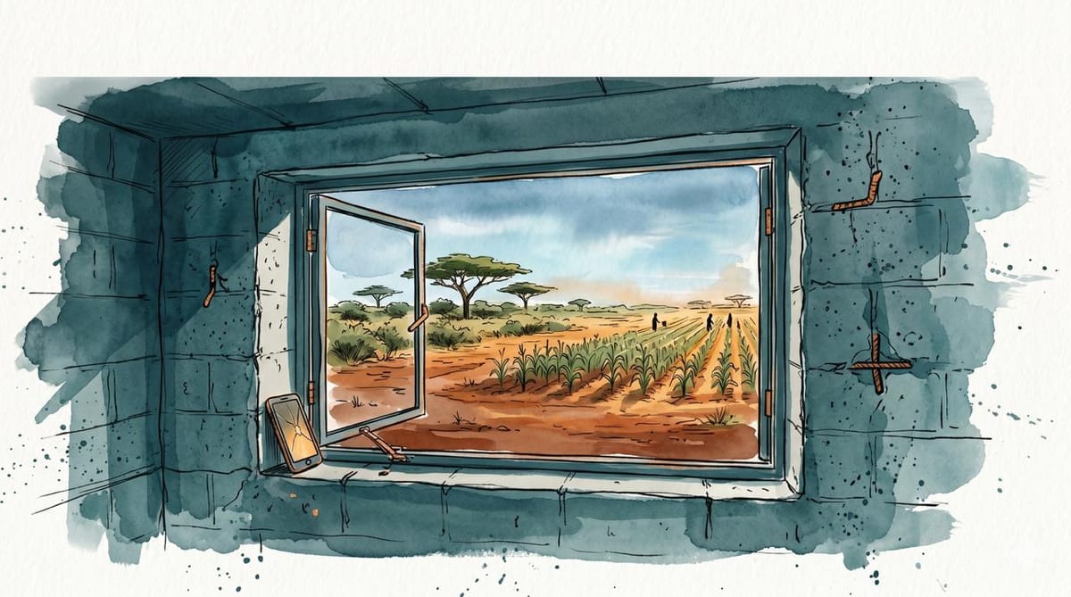 Watercolor of a cracked phone on a cinder-block window ledge, looking out onto maize fields, acacia trees, and distant figures in warm ochre light.