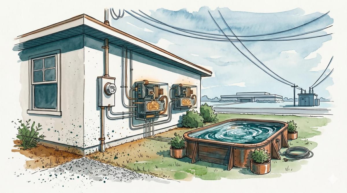 Watercolor and ink illustration of residential AI compute boxes mounted beside a house, wired into the power grid with a research campus in the distance.