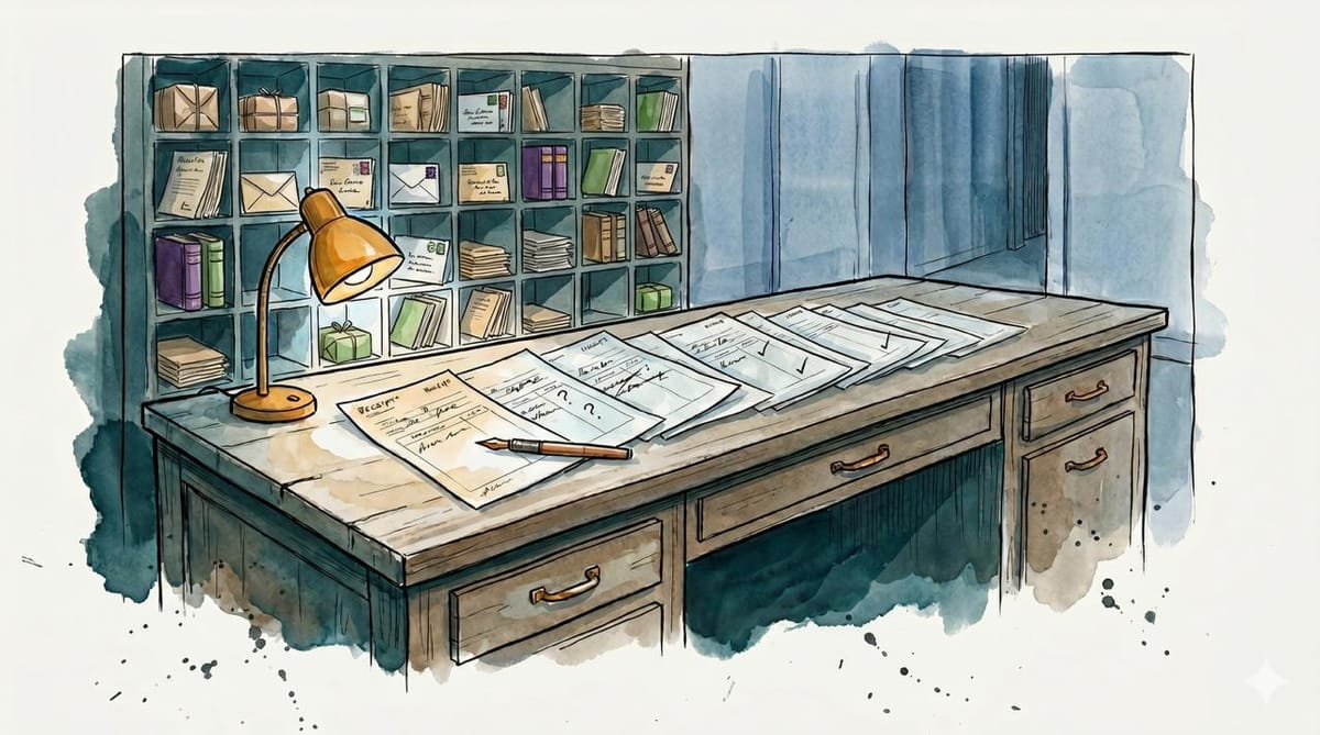 Watercolor illustration of a desk covered with receipts and marked papers, with a lamp and shelves of documents behind it.