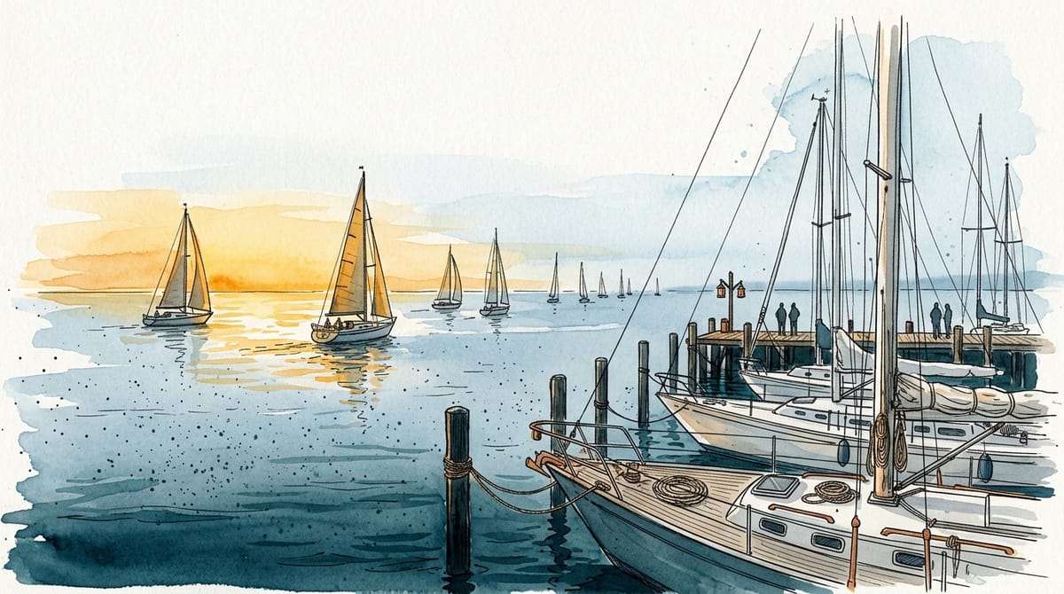 Watercolor illustration of a harbor at dawn. Some sailboats have departed toward a golden horizon while others remain moored at the dock.