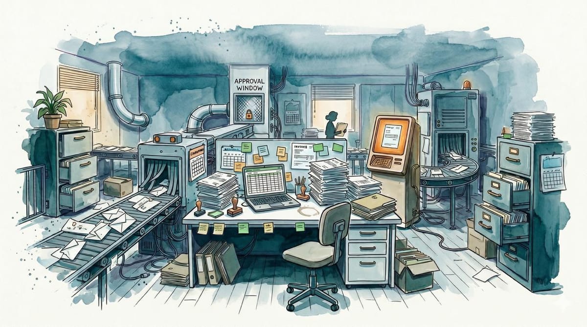 Watercolor illustration of a messy back-office workflow machine with invoices, filing cabinets, conveyors, an empty chair, and a small AI terminal.