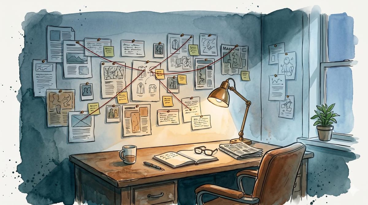 Watercolor illustration of a research workspace at evening. A wooden desk before a wall covered in pinned papers and red string. Brass lamp, empty chair, potted plant on the windowsill.