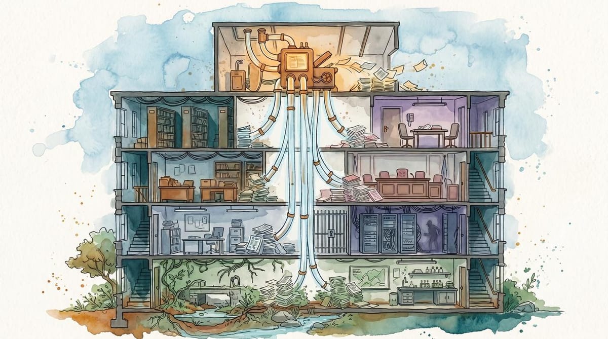 Watercolor cutaway of a four-floor records office. An amber AI machine sends papers through tubes to backlogged institutional floors.