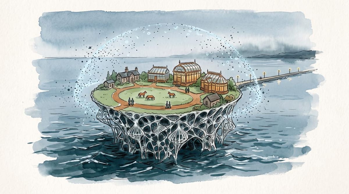 Watercolor illustration of a Victorian island colony at sea, with glass houses, horses, a nanobot swarm dome, and branching foundations below.