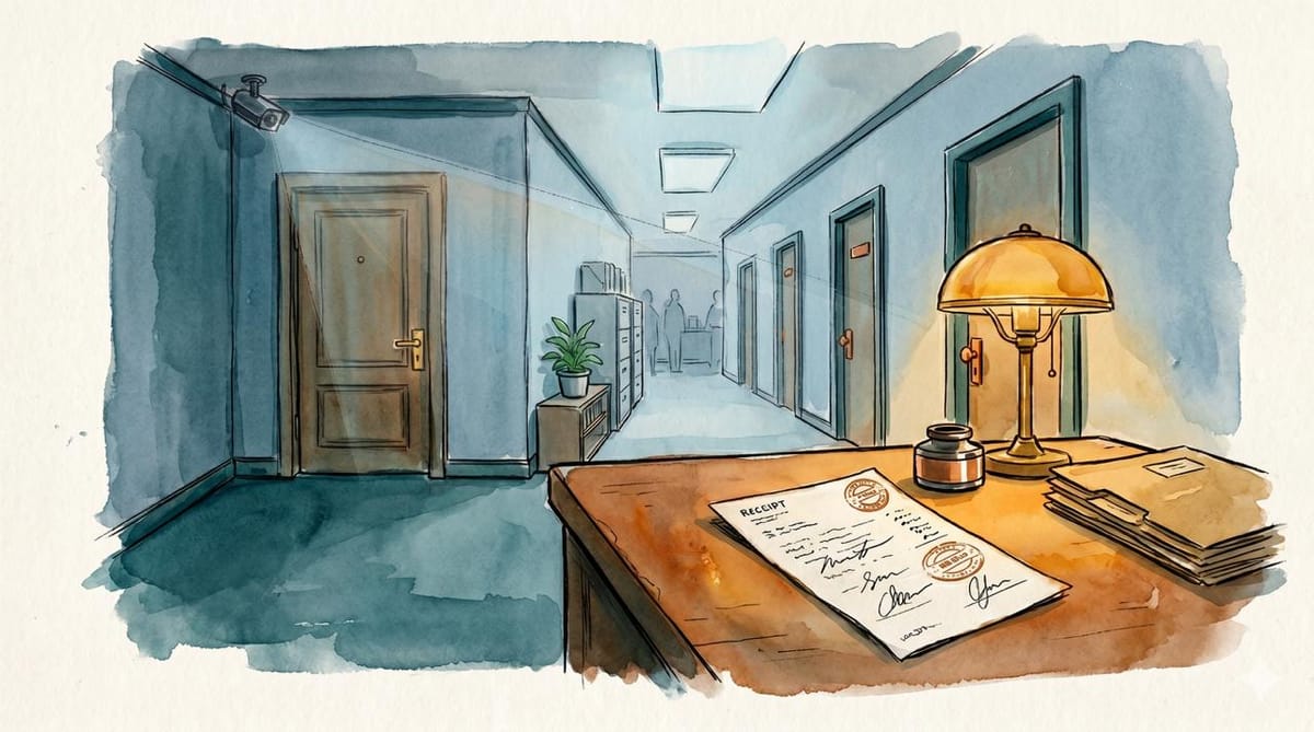 Watercolor illustration of an institutional hallway. A security camera watches a closed door while a signed receipt sits under a warm desk lamp.