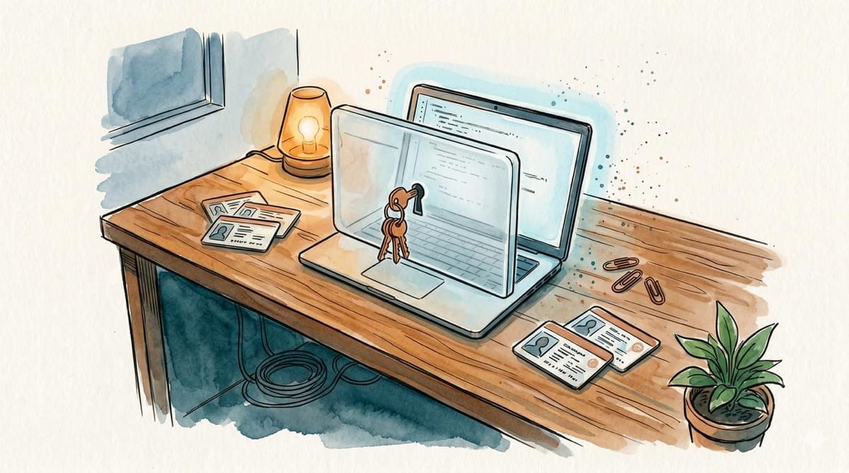 Watercolor illustration of a laptop on a desk blocked by a translucent access gate, with keys, ID cards, lamp, plant, and code on screen.