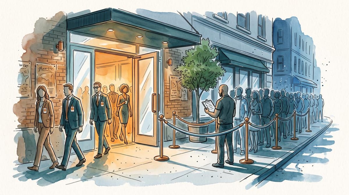 Watercolor illustration of a nightclub entrance. Badged guests walk inside while a bouncer holds a clipboard by a velvet rope and a long public line waits outside.