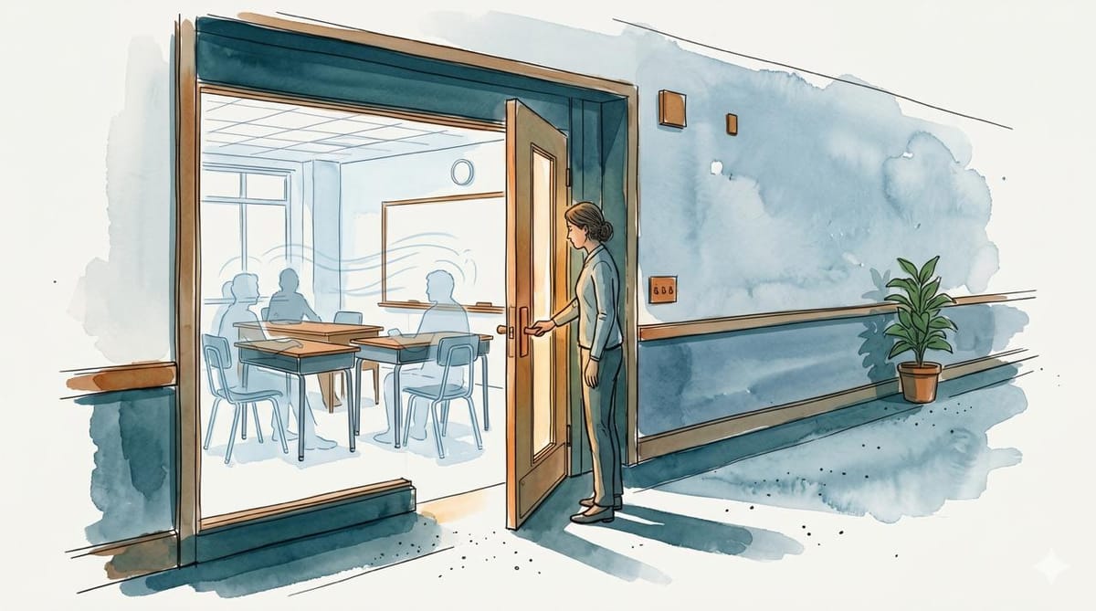 Watercolor illustration of a woman pausing at an open office doorway, with ghostly rehearsal figures seated around a table inside.