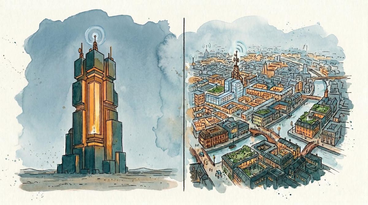 Watercolor diptych contrasting a single monolithic AI tower with a sprawling city-scale network of many digital minds and institutions.