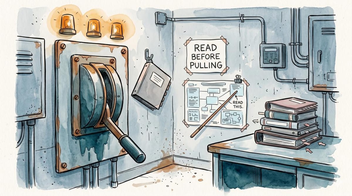 Watercolor control room with a pulled emergency lever, alarm lights, read-before-pulling signs, and unread binders stacked nearby.