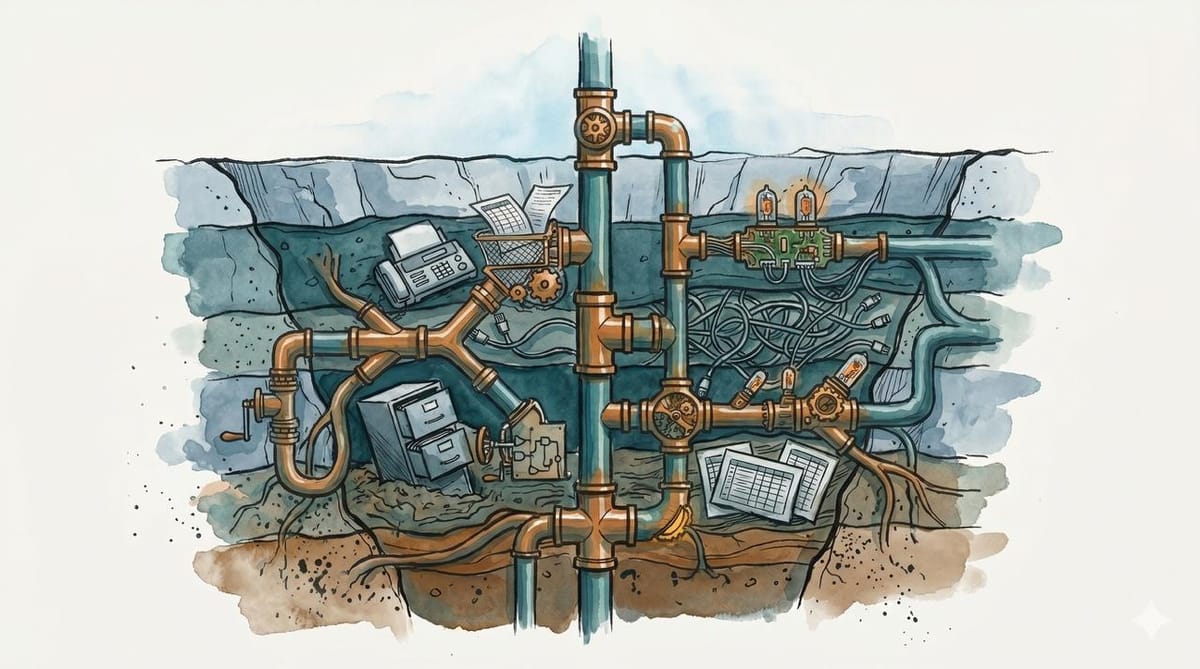 Watercolor cutaway of buried automation pipes, wires, valves, office machines, spreadsheets, and circuit boards beneath the ground.