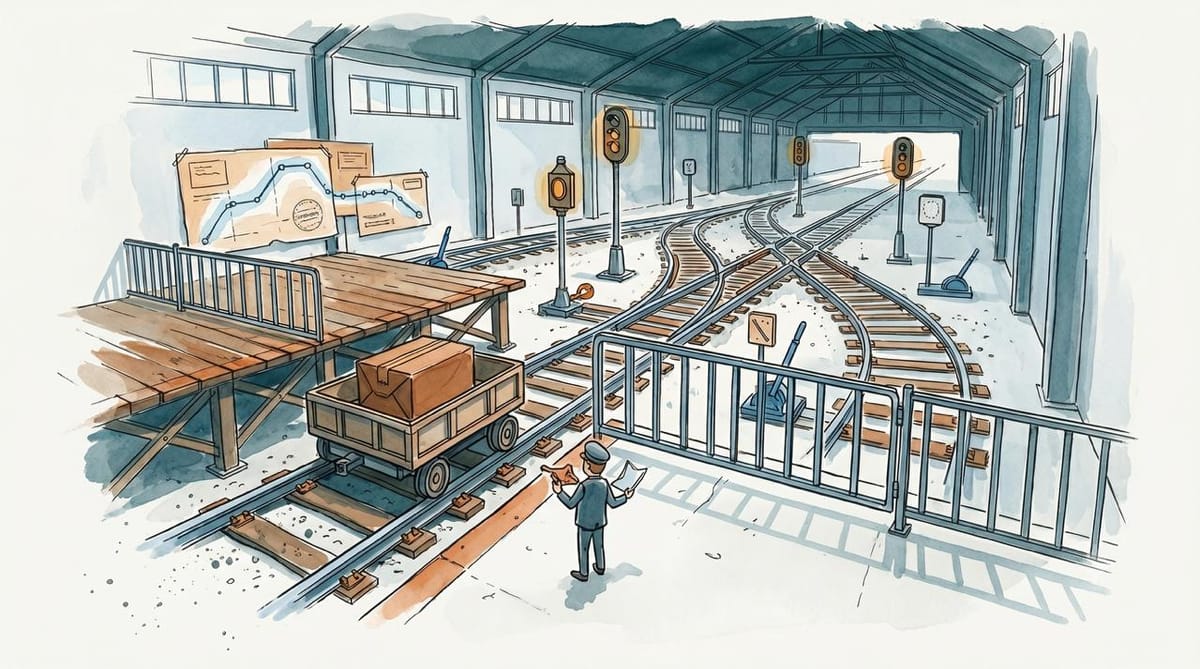 Watercolor rail-switching station with an automated cart, sealed package, traced route, and inspector holding a missing authorization slip.