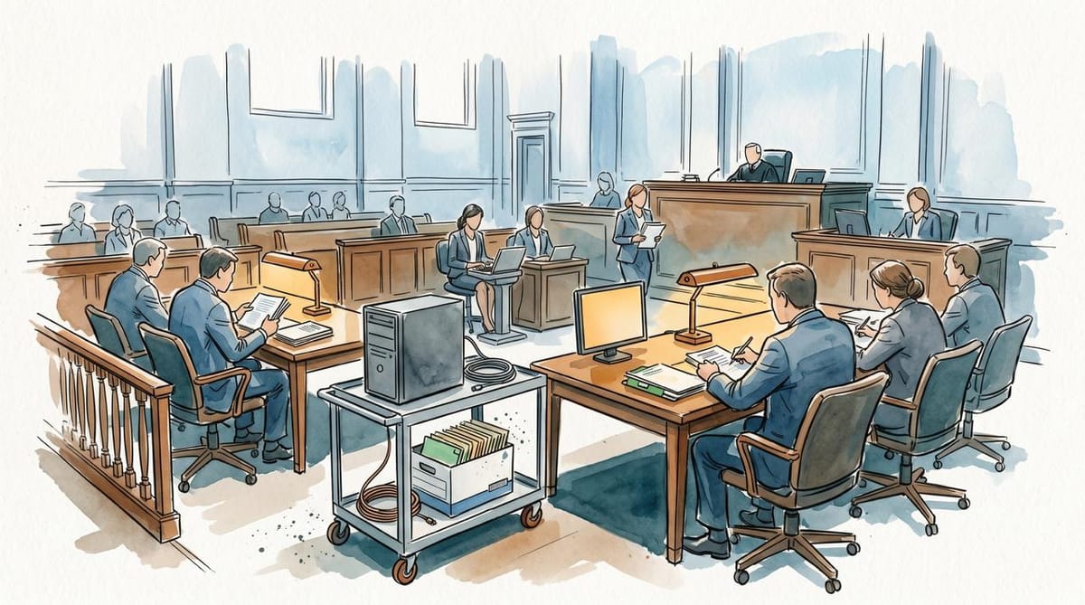 Watercolor courtroom sketch of a federal hearing with lawyers, judge, legal papers, and an evidence cart holding a server tower and cables.