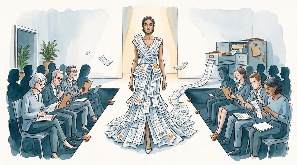 Watercolor illustration of a poised model walking a catwalk in a dress made from receipts and forms while seated judges inspect the paperwork with clipboards and magnifying glasses.