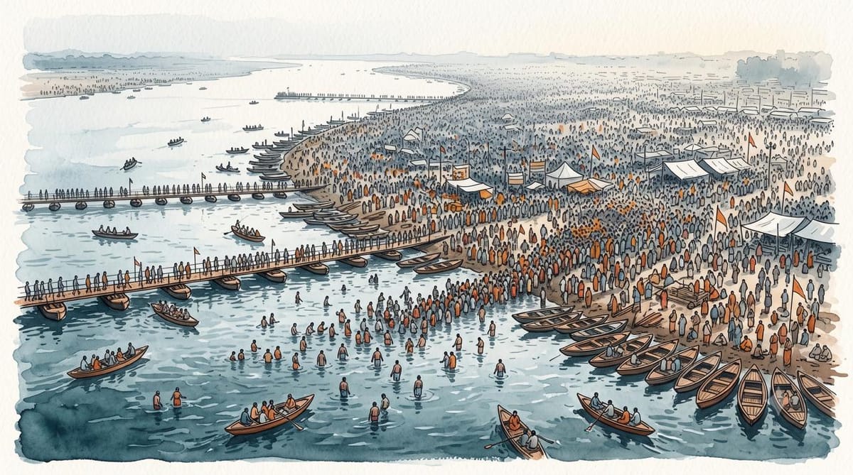 Watercolor aerial view of an immense Maha Kumbh crowd gathered along a broad river, with bathers, boats, pontoon bridges, and colorful tents.