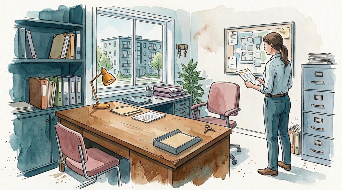 Watercolor illustration of a maintenance coordinator reviewing a work order in an office overlooking an apartment building, surrounded by files and a building map.