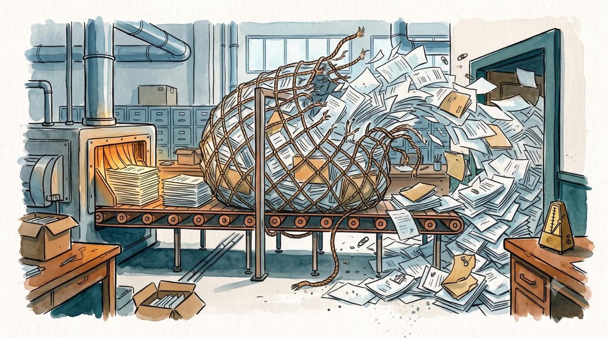 Watercolor factory-office scene: a glowing document machine feeds paperwork into a broken rope net and a pile at an approval doorway.