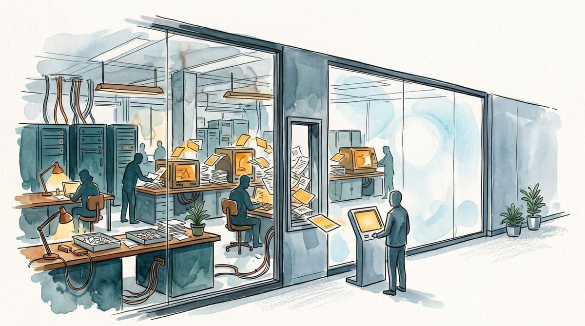Watercolor illustration of an AI lab behind glass, with busy internal workstations feeding a simplified public kiosk in a quiet corridor.
