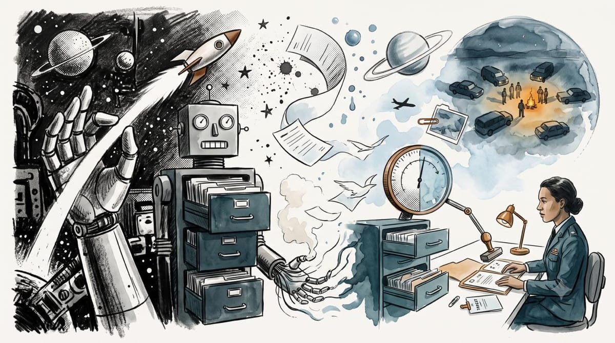 Mixed-media pulp illustration morphing from a charcoal robot, rocket, and planets into watercolor records, a concordance gauge, and Major Lena Park.