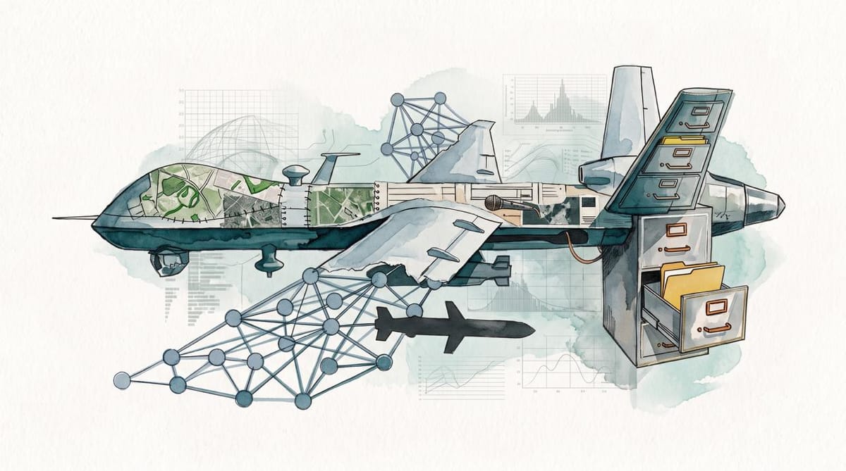 Watercolor collage of a Reaper drone fused with maps, neural-network diagrams and filing cabinets. One open drawer holds a yellow investigation folder.