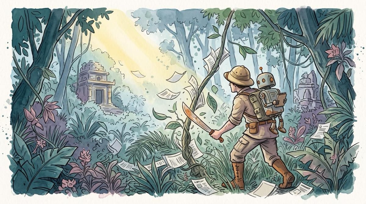 Watercolor illustration of a safari explorer cutting through a jungle of loose pages, with a friendly robot on his back and hidden temples beyond.