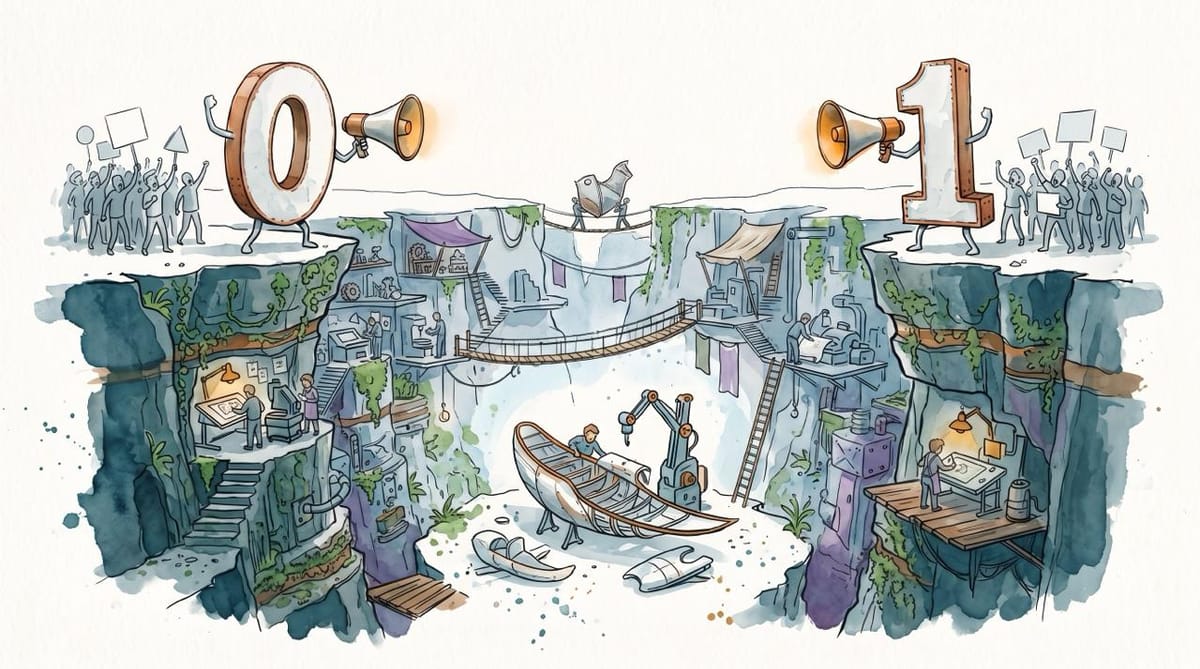 Watercolor illustration of a lively canyon between shouting 0 and 1 figures. People and machines build, draw, and work together on terraces below.
