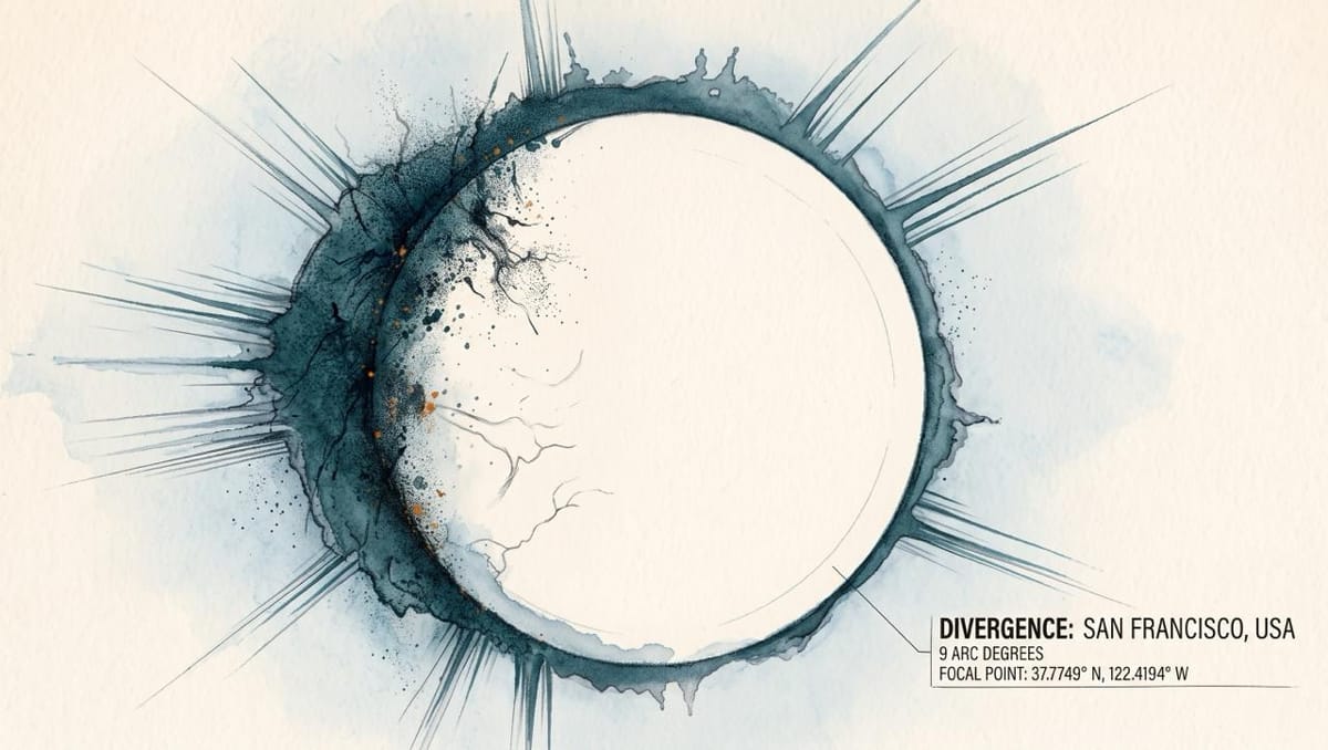 Watercolor and ink illustration of a large pale circular ring with an uneven charcoal and teal disturbance and a small callout box pointing to its edge.