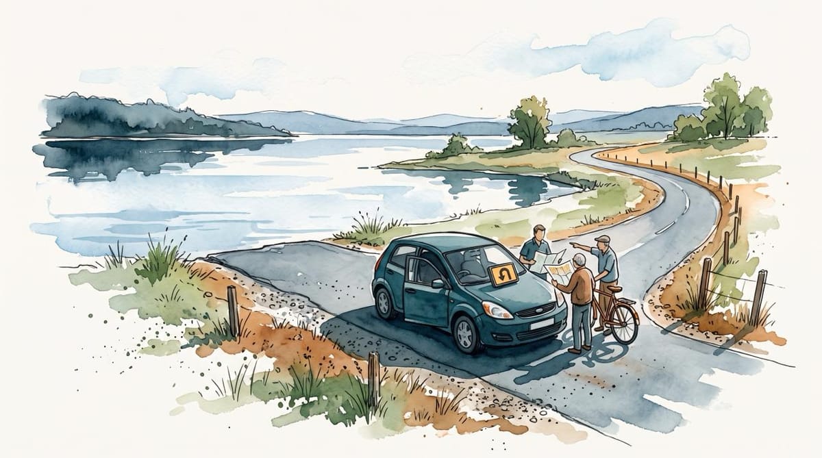 Watercolor illustration of a car stopped beside a lake while three people consult a paper map next to a bicycle and a GPS displays a U-turn.