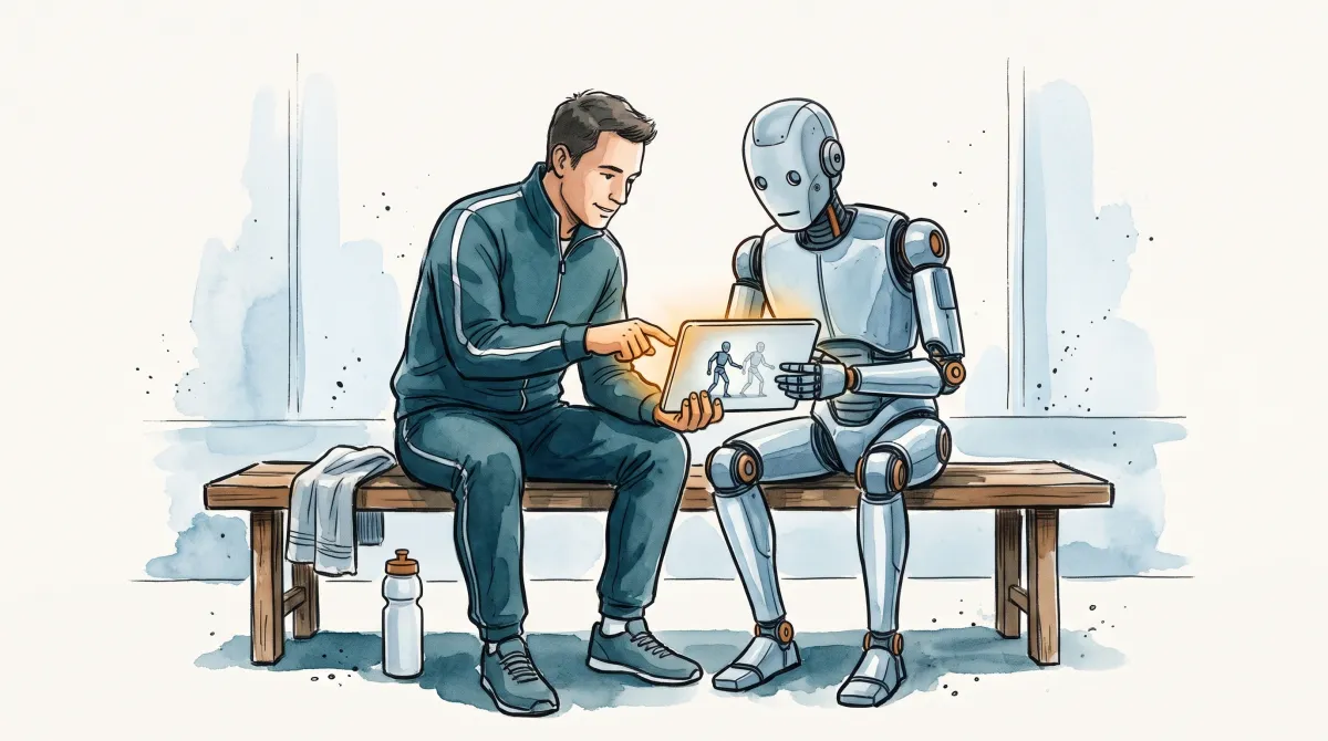 Watercolor illustration of a coach and a robot seated together on a bench, reviewing a movement replay on a tablet.