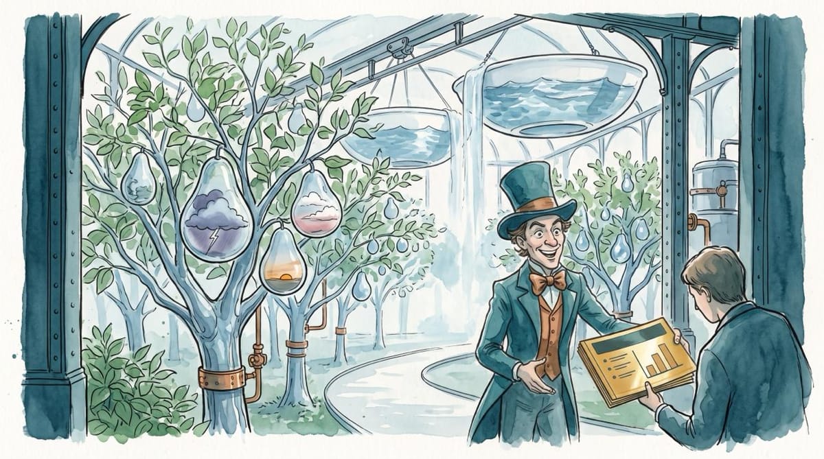 Watercolor of a visitor handing golden presentation slides to a grinning factory host, with a glass weather orchard beyond.