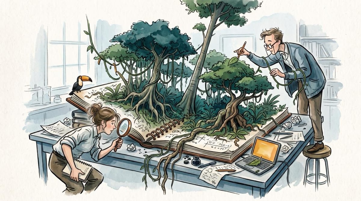 Watercolor illustration of two researchers examining a tropical forest growing from an open notebook, with trailing roots, a toucan, and an amber-lit laptop.