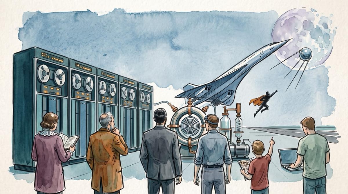 Watercolor of people from different eras watching an aircraft and satellite, surrounded by early computers and scientific instruments beneath the Moon.